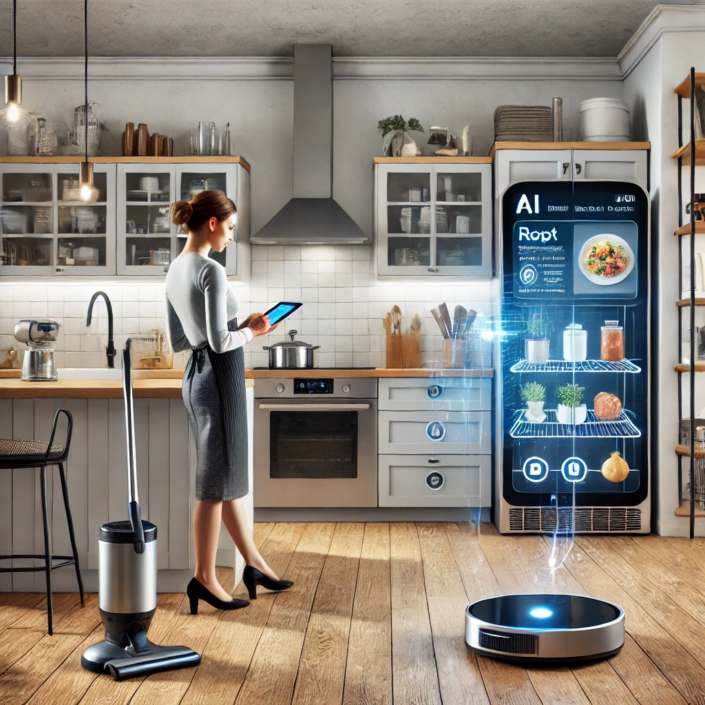Egy modern konyhában egy nő táblagéppel vezérli az okos sütőt, miközben egy robotporszívó tisztítja a padlót, és az okos hűtőszekrény receptjavaslatokat kínál a benne lévő alapanyagok alapján. A tiszta és világos konyha tükrözi a mesterséges intelligencia által nyújtott kényelmet.