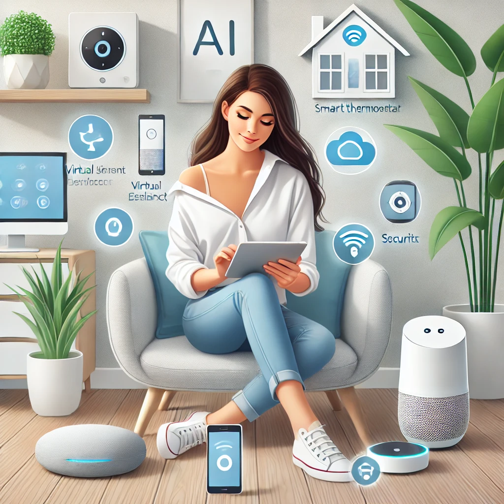 Egy modern nő egy okos otthonban ül, körülötte különböző mesterséges intelligencia alapú eszközök, mint egy virtuális asszisztens, egy okos termosztát és okos biztonsági kamerák.